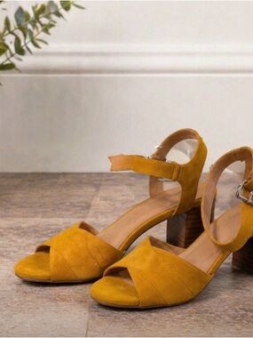 Mustard Suede Block Heel Sandals with Ankle Strap